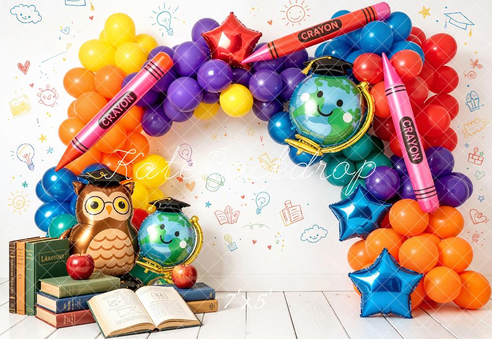 TEST Kate Back To School Balloon Arch Crayons Globe Owl Books Printed Backdrop Designed by Emetselch