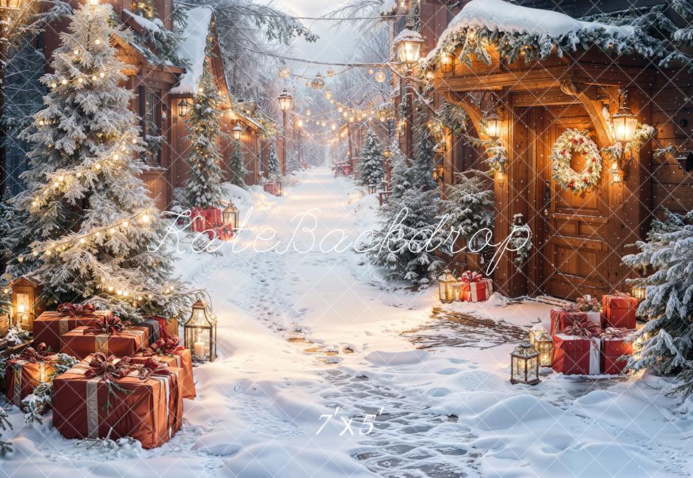 TEST Kate Christmas Snowy Village Pine Trees Gifts Lanterns Backdrop Designed by Emetselch