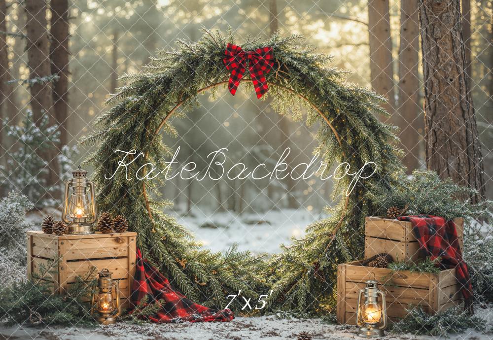 Kate Christmas Greenery Wreath Forest Crates Lanterns Printed Backdrop Designed by Emetselch - Microfiber (Printed) / 7x5ft - small kids sitting / cake smash