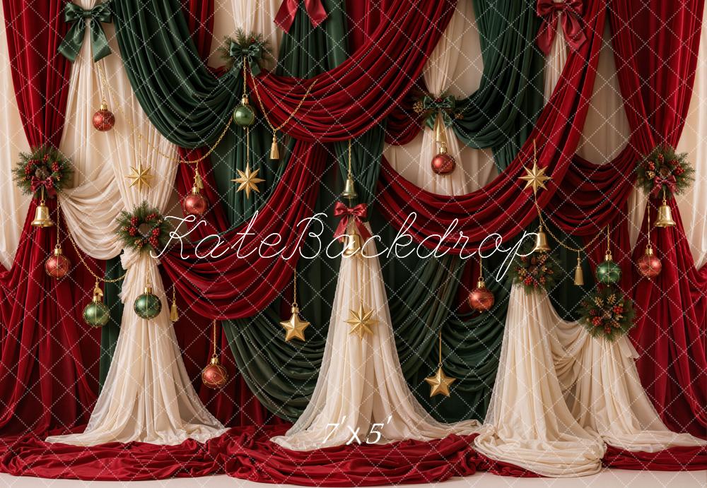 Kate Christmas Red Green Draped Curtains Ornaments Printed Backdrop Designed by Emetselch - Microfiber (Printed) / 7x5ft - small kids sitting / cake smash