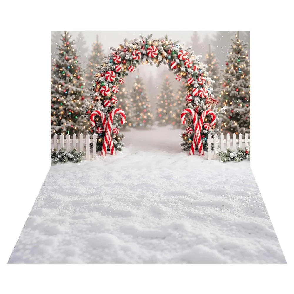 TEST Kate Christmas Flower Arch Candy Cane Peppermint Snowy Trees Printed Backdrop+White Snow Ground Texture Printed Backdrop