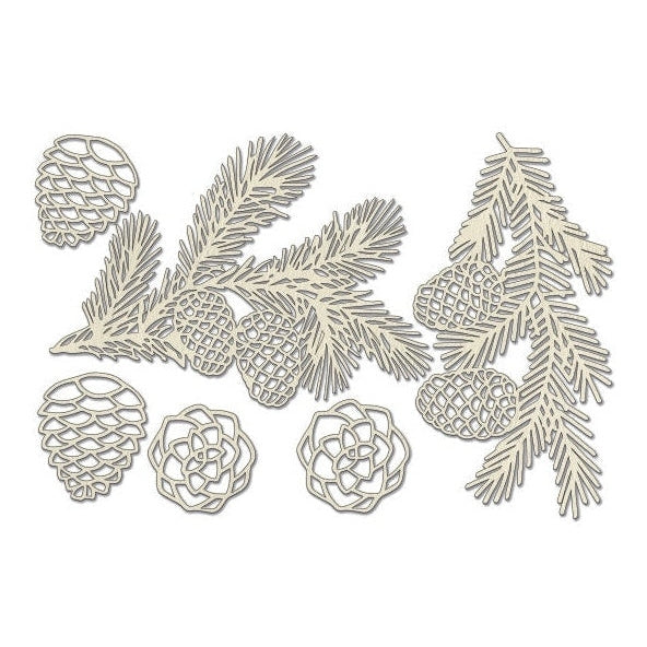 Evergreen with Pine Cones Chipboard Embellishments - White