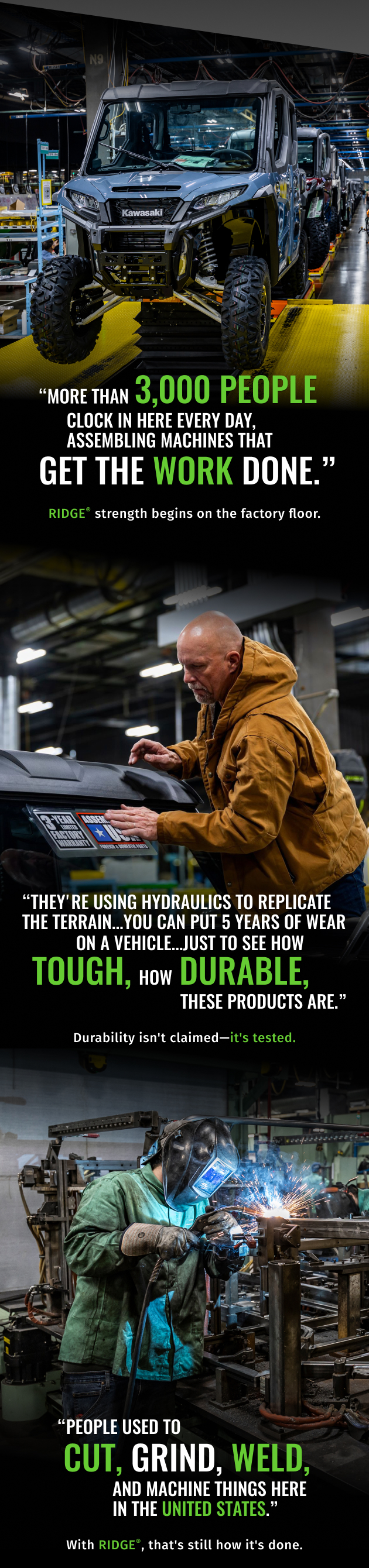 Kawasaki RIDGE® being built and tested in a Nebraska factory, highlighting American manufacturing, durability testing, and skilled craftsmanship.