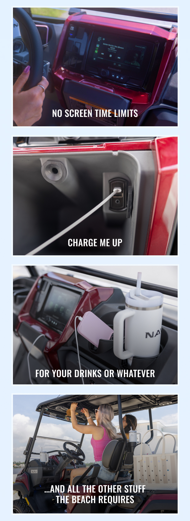A red golf cart interior with a charging cable, cup holder, and mounted screen