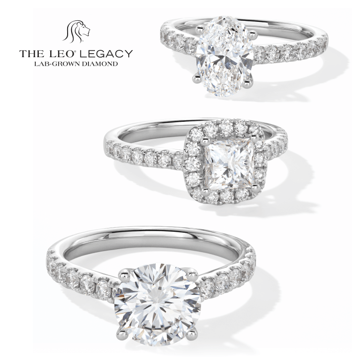 Three examples of The Leo Legacy Lab-Grown Diamond rings. 