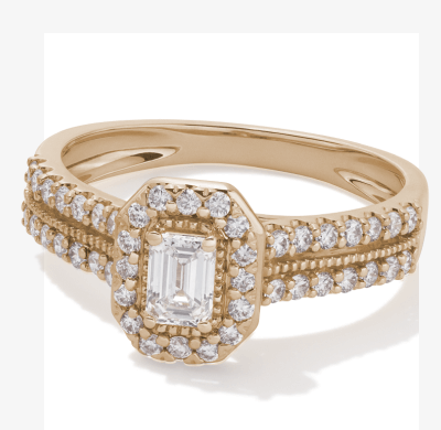 Now + Forever Lab-Grown Diamonds Emerald-Cut Halo Engagement Ring 3/4 ct tw 14K Yellow Gold