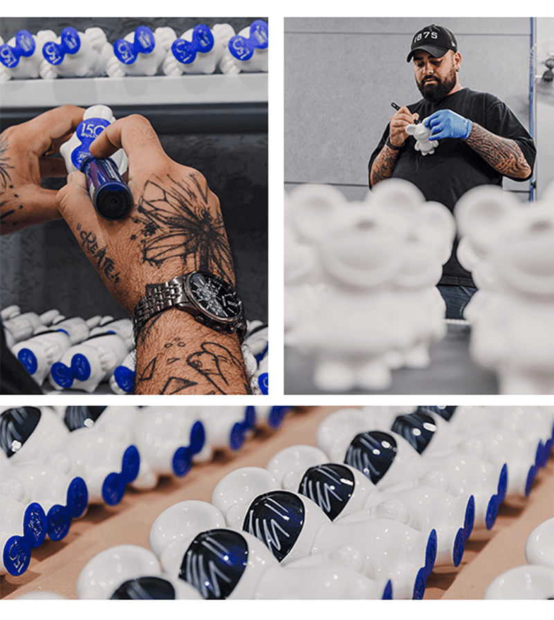 Various images of Thiago Rosinhole individually signing one-of-a-kind, collectable BUDII sculptures