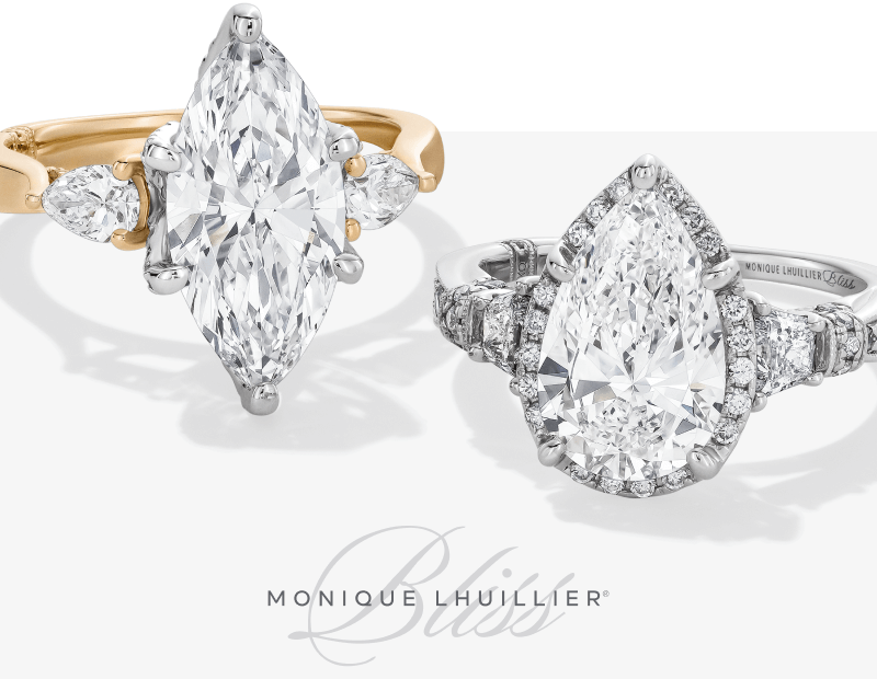 Showcase of rings from the Monique Lhuillier Bliss collection.