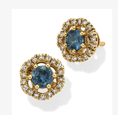 American Blue Sapphire & Diamond Flower Halo Stud Earrings 1/10 ct tw 10K Yellow Gold.