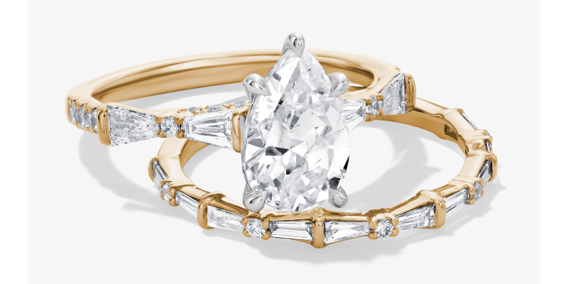 Showcase of engagement and wedding rings.