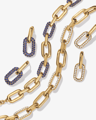 Showcase of chain earrings and necklaces.