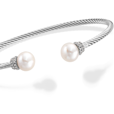 Cultured Pearl & White Lab-Created Sapphire Twist Cuff Bangle Bracelet Sterling Silver 6.75