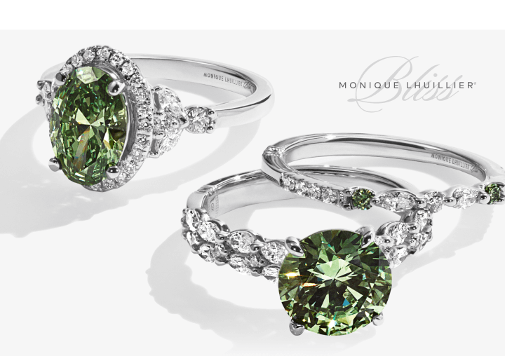 Image of green gemstone and diamond rings from Monique Lhuillier Bliss