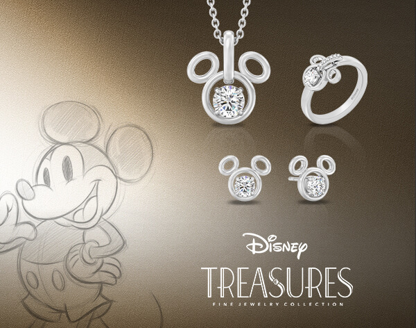 Image showcasing a Mickey Mouse sketch with beautiful Diamond mickey-shaped earrings and rings.