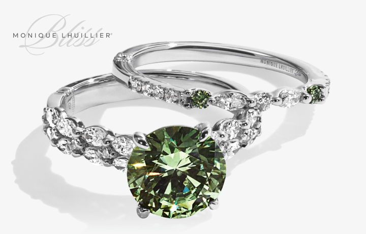 Image showcasing a stunning Monique Lhuillier Bliss Diamond and Dark Green Gemstone Ring.