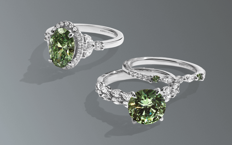 Image showcasing Monique Lhuillier Bliss Round-Cut Green & White Lab-Grown Diamond Engagement Rings