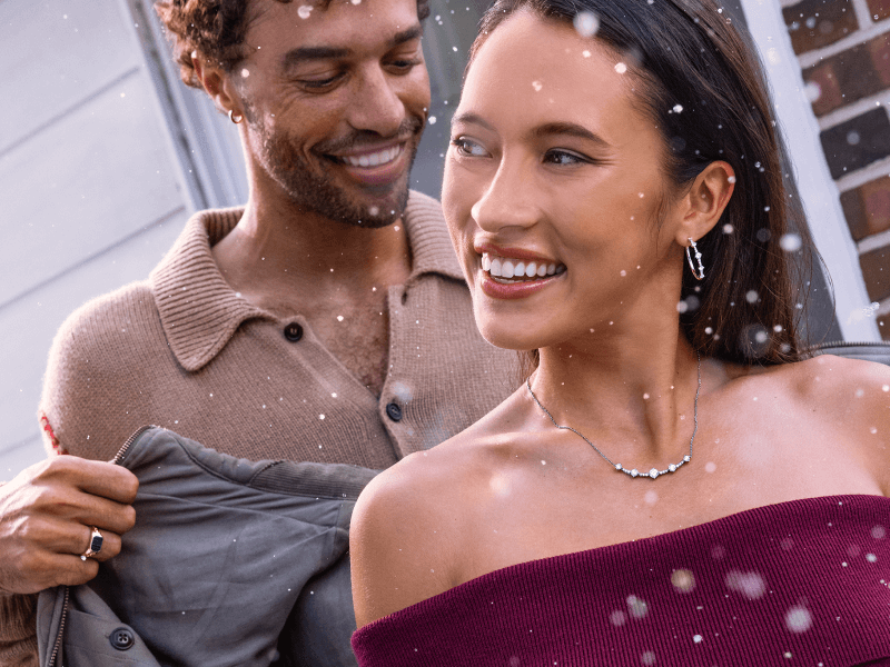 Image showcasing a couple adorned with stunning jewelry, a necklace, matching earrings, and a stylish ring.