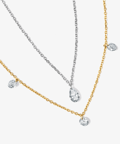 Elegant assortment of gold and diamond necklaces.