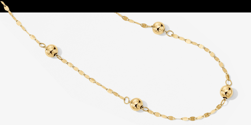 Bead Station Mirror Chain Necklace Hollow 10K Yellow Gold
