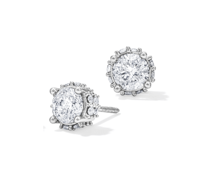 Round Cut Diamond Solitaire Hidden Halo Stud Earrings. 
