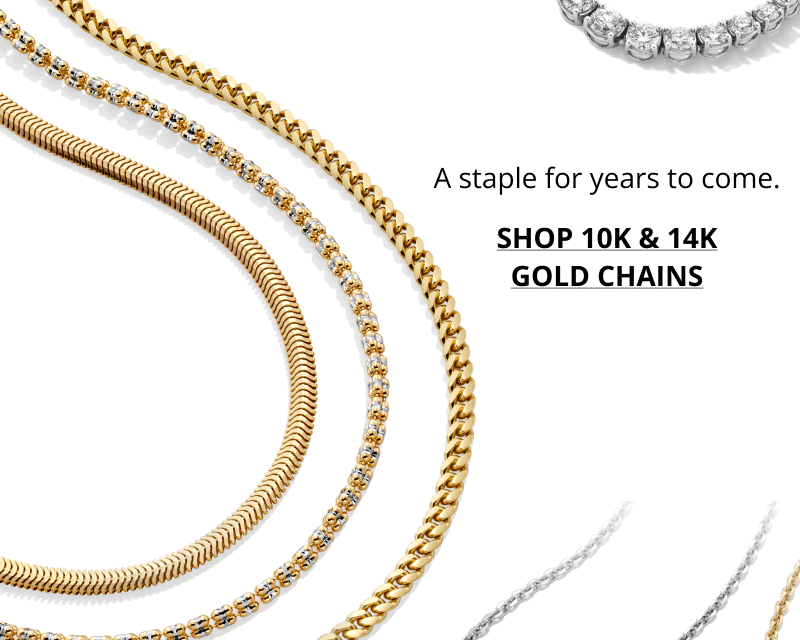 Stunning arrangement of gold chains. Click to SHOP 10K and 14K GOLD CHAINS.