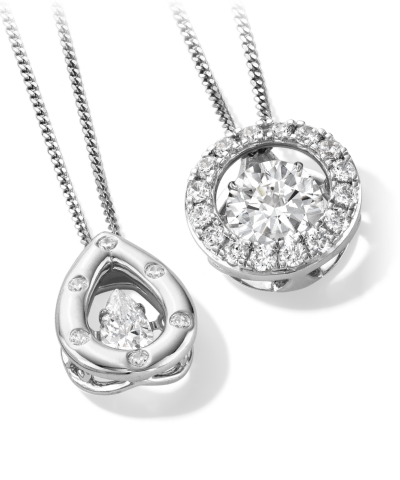 Two white gold and white diamond Unstoppable Love pendant necklaces.
