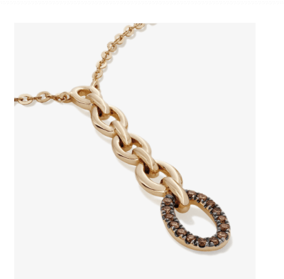 Gold chain necklace featuring a sculpted link design and an oval pendant with dark stones.