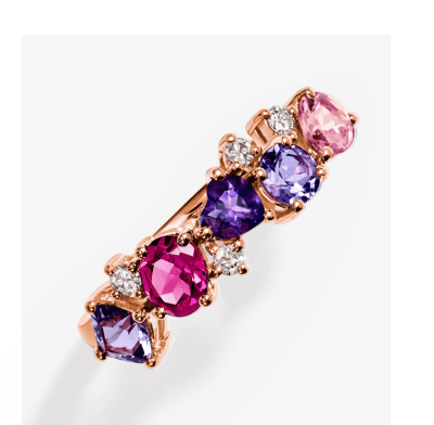 Rose-gold ring featuring a row of round gemstones in pink, purple, and blue tones.