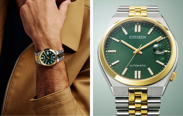 Lifestyle and product image of green faced Tsuyosa 60 watch