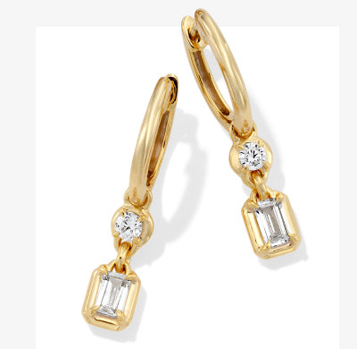 10K Yellow Gold 1 ct  Lab-Grown Diamonds Emerald-Cut & Pear-Shaped Dangle Huggie Hoop Earrings