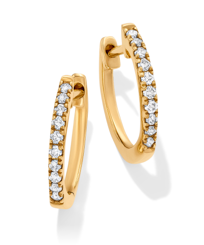Yellow gold and white diamond hoop earrings.
