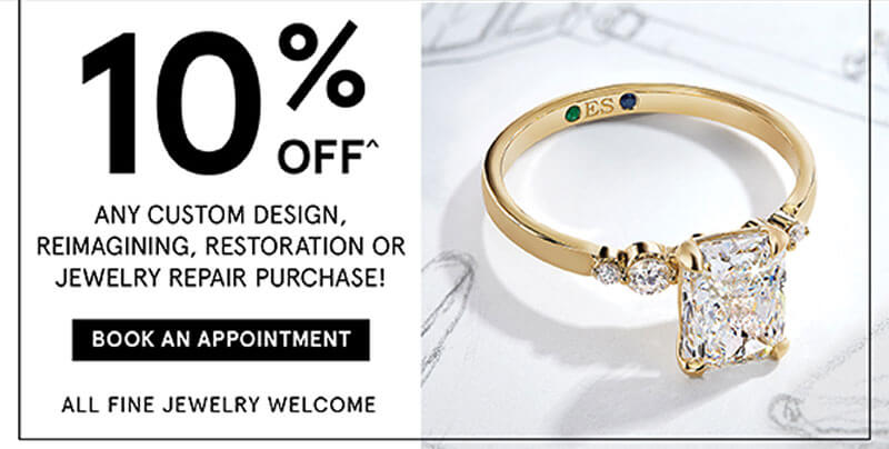 Banner advertising in-store custom design & jewelry repair weekend. Jan. 15-19. Take 10% OFF^. Click Book an Appointment.