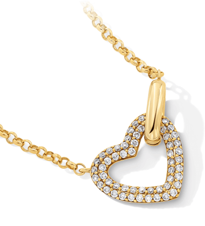 Yellow gold diamond encrusted heart-shaped necklace.