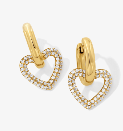 Yellow gold drop earrings featuring open heart charms outlined with diamond accents.