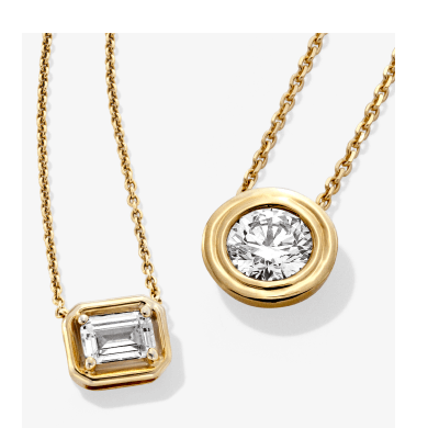 Two yellow gold necklaces with bezel-set emerald-cut and round diamonds.