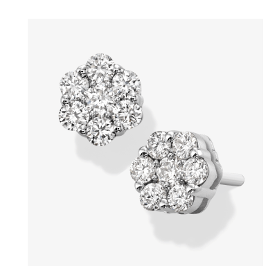 White gold diamond cluster stud earrings with round diamonds.