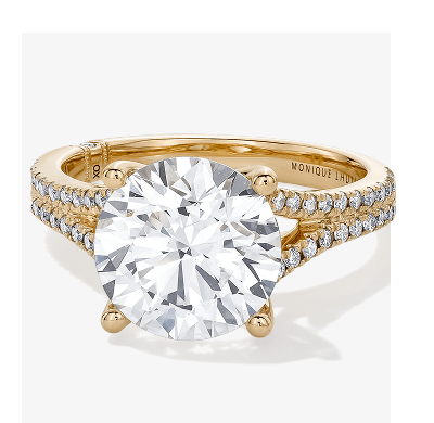Yellow Gold Round Cut Diamond Engagement Ring With Split Pavé Band.