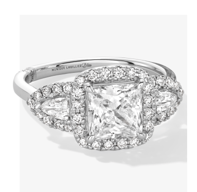 White Gold Princess Cut Halo Diamond Engagement Ring with Side Stones.