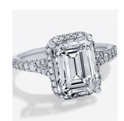 White Gold Emerald Cut Diamond Engagement Ring with Halo and Pavé Band.