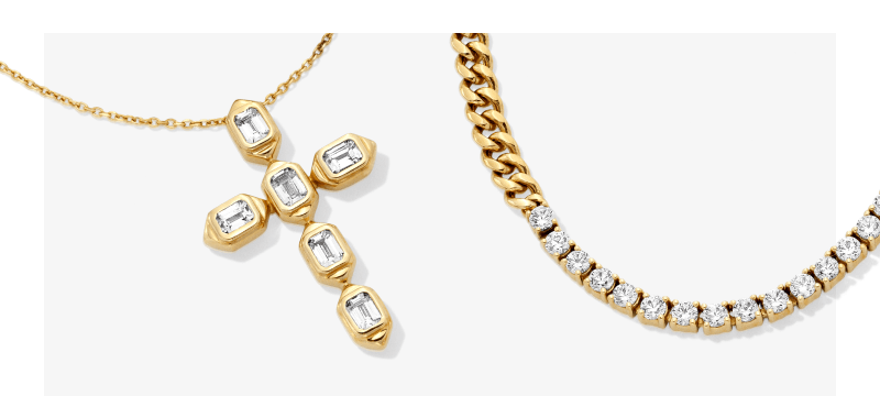 Yellow Gold Cross Pendant Necklace With Baguette Diamonds and Gold Diamond Chain Necklace.