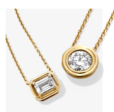 Lab-Grown Diamond Emerald-Cut and Round-Cut Solitaire Necklaces in 10K Yellow Gold.