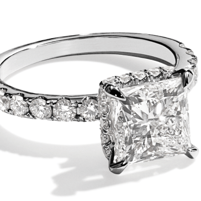 White Gold Princess-Cut Diamond Engagement Ring with Pavé Band.