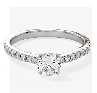 White Gold Round-Cut Diamond Solitaire Engagement Ring with Pavé Band.
