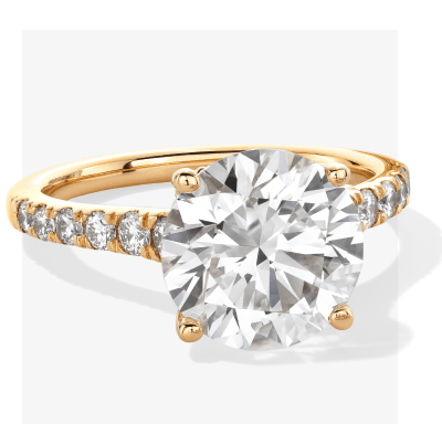 Yellow Gold Round-Cut Diamond Solitaire Engagement Ring with Pavé Band.
