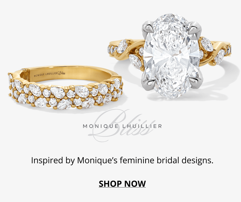 Yellow Gold Double-Row Diamond Band. Two-Tone Oval Diamond Engagement Ring with Twisted Band. Monique Lhuillier Bliss Logo. Inspired by Monique's feminine bridal designs. Click to shop now.
