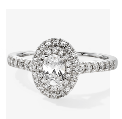 White Gold Oval Diamond Halo Engagement Ring with Pavé Band.