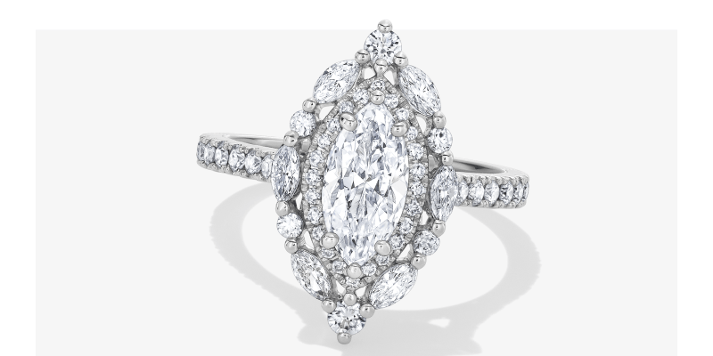 White Gold Marquise Cut Diamond Halo Engagement Ring with Pavé Band.