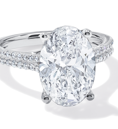 White Gold Oval Cut Diamond Engagement Rings with Double Row Pavé Band.