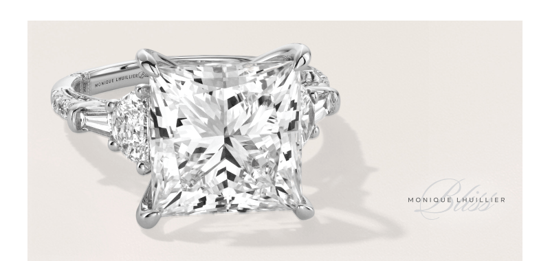 Princess cut white gold Monique Lhuillier engagement ring.