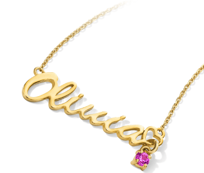 Gold personalized ‘Olivia’ necklace with gemstone pendant.